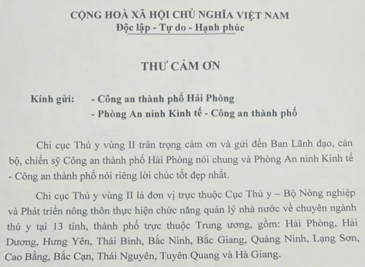 Chi cục Thú y vùng II gửi thư cảm ơn Phòng An ninh Kinh tế, Công an thành phố